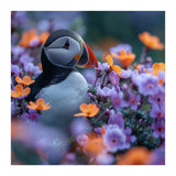Puffin Bird Among Vibrant Purple And Orange Flowers (Print Only) thumbnail