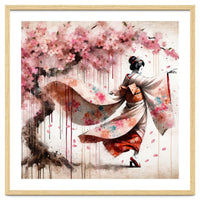 Geisha Under Cherry Blossoms In Motion