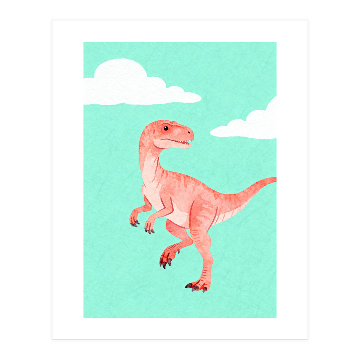 Velociraptor Watercolor Art, Cute Dino Nursery Print, Whimsical Dinosaur Illustration (Print Only)