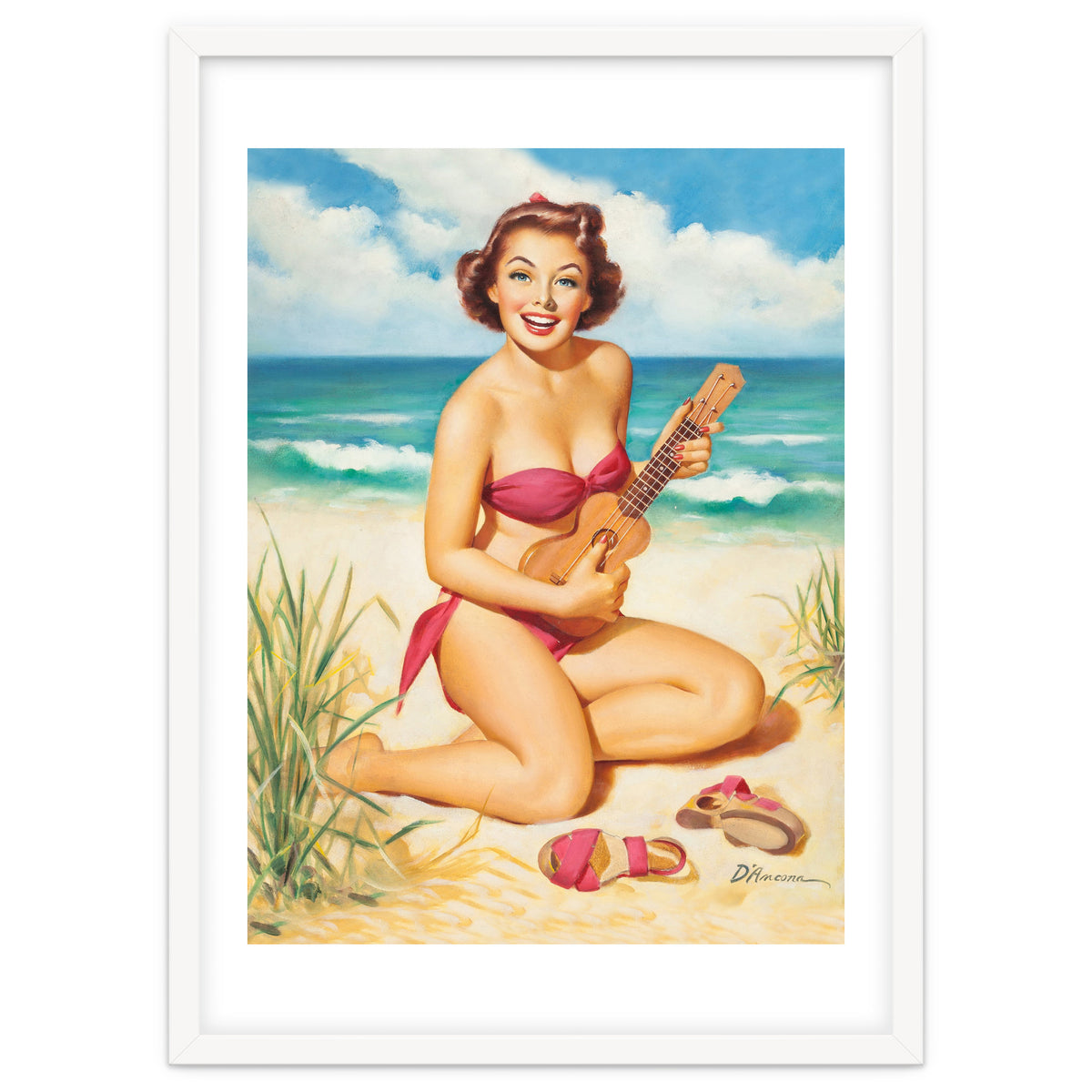 Pinup Girl Playing Ukulele On The Beach