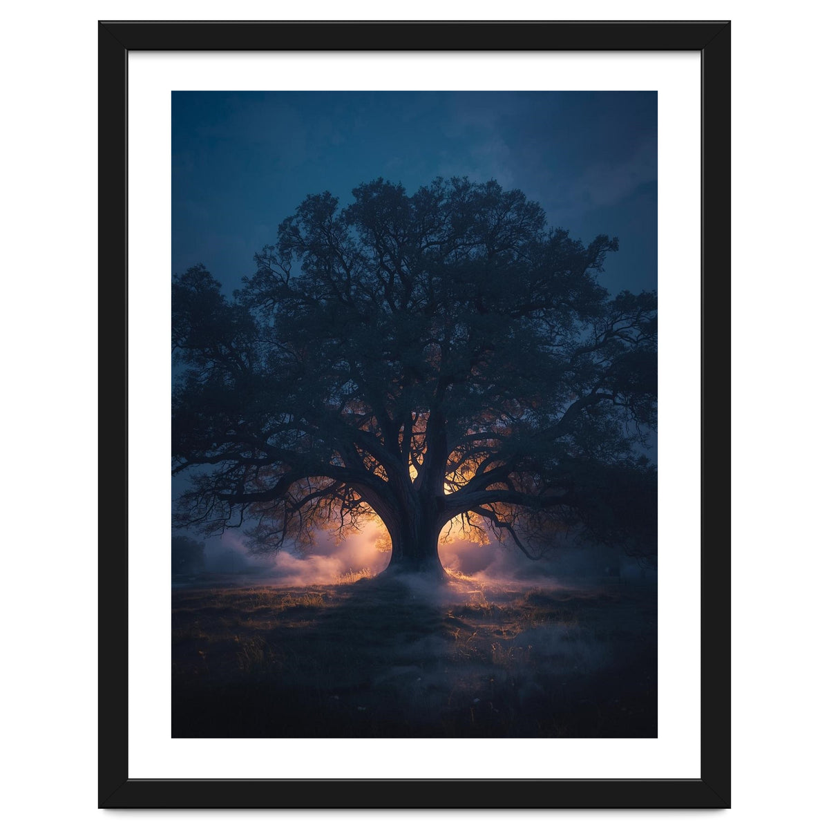 Ancient Mystical Oak Silhouette at Twilight with Ethereal Wisps
