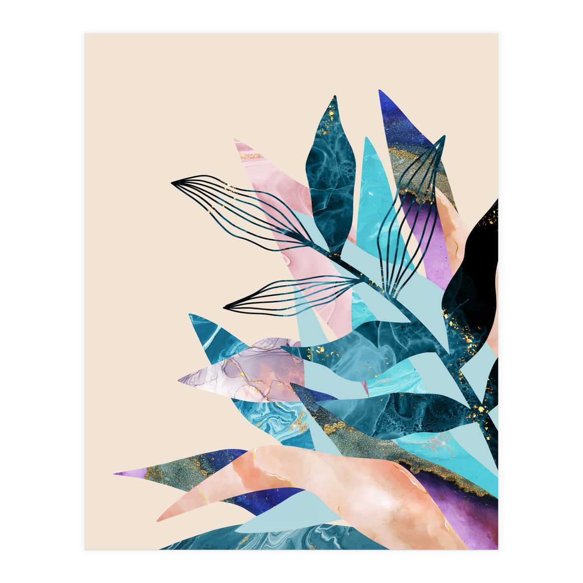 Marble Fantasy, Luxe Abstract Texture Botanical Concept, Eclectic Graphic Design Bohemian Contemporary (Print Only)