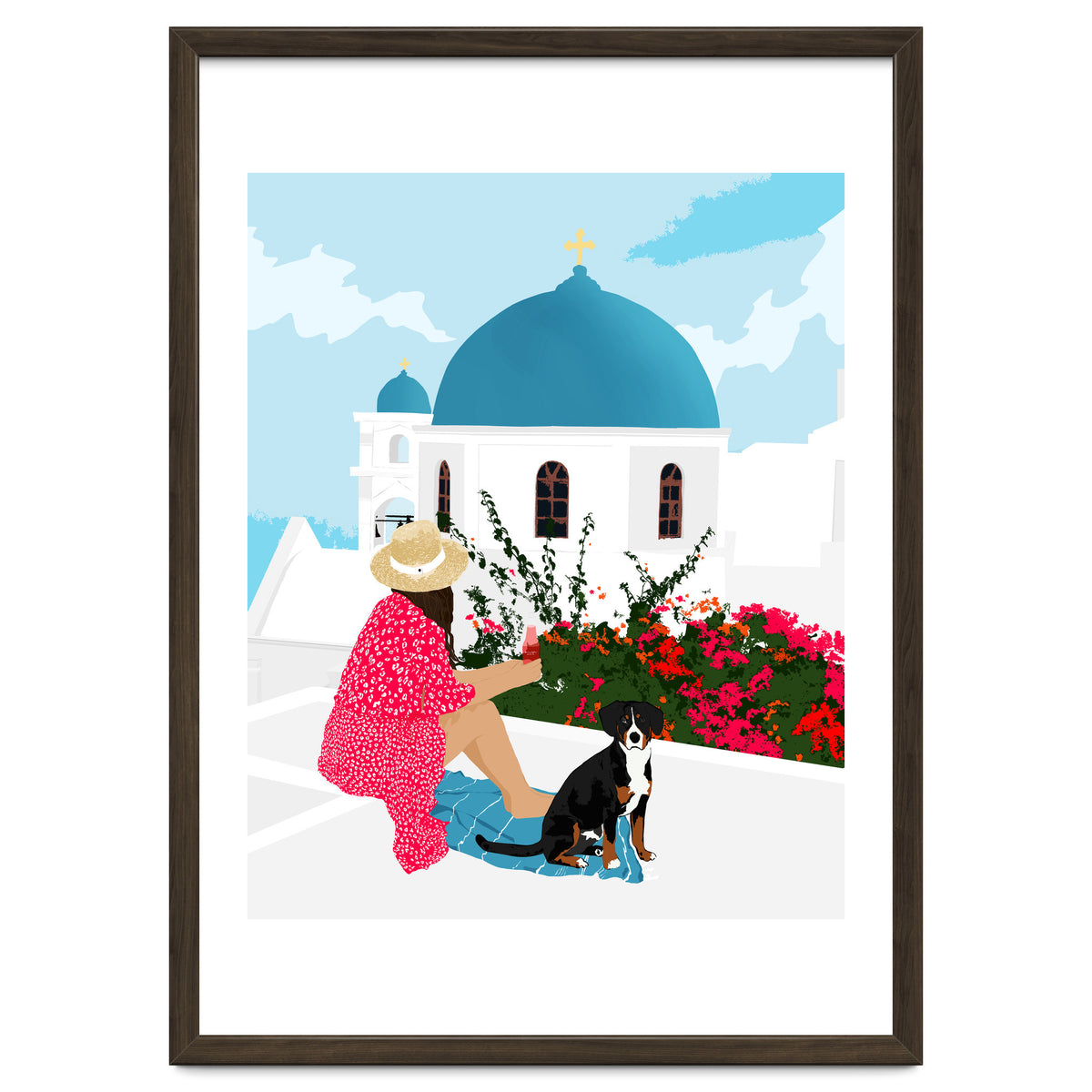 Greek Staycation, Pets Santorini Tropical Summer Travel, Dog White Buildings Architecture Fashion Bohemian