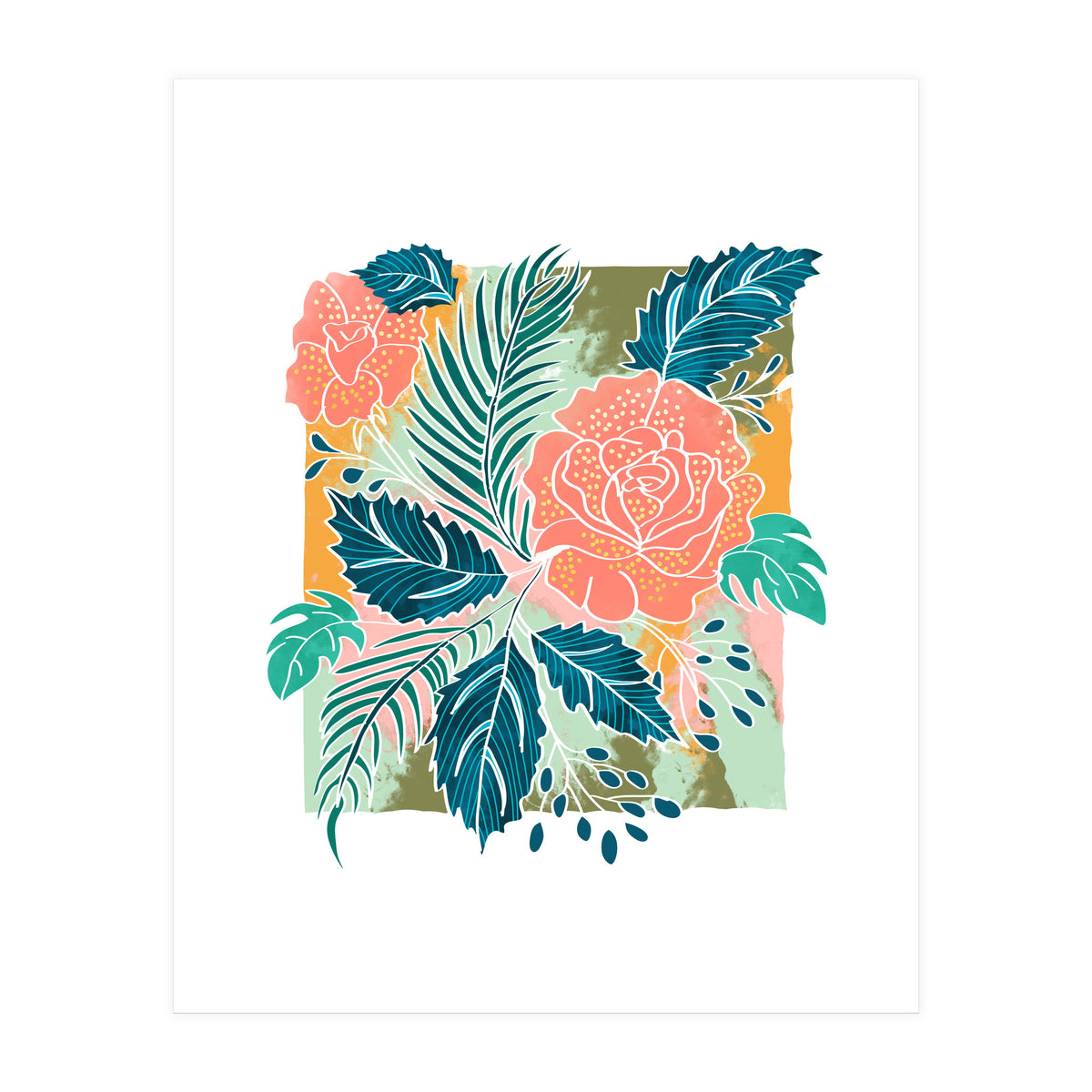 Framed Nature, Botanical Floral Rustic Bohemian, Garden Painting Tropical Illustration (Print Only)