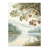 Tranquil Lakeside Forest Watercolor Painting with Overhanging Autumn Branches and Misty Mountain Reflection (Print Only) thumbnail