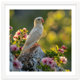 Albino Parrot Perched On A Rock Amongst Flowers thumbnail