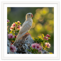 Albino Parrot Perched On A Rock Amongst Flowers