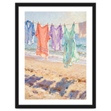 Laundry Drying by the Sea, Colorful Clothes on a Beach Clothesline, Coastal Summer Pastel Painting, Relaxing Ocean Shore Art Print thumbnail