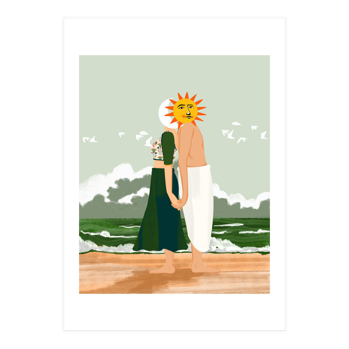 Celestial Union, Sun & Moon Love Couple, Ocean Sea Beach Landscape Nature, Summer Bohemian People (Print Only)