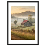 Rustic Red Roof Barn in Misty Morning Valley Landscape thumbnail