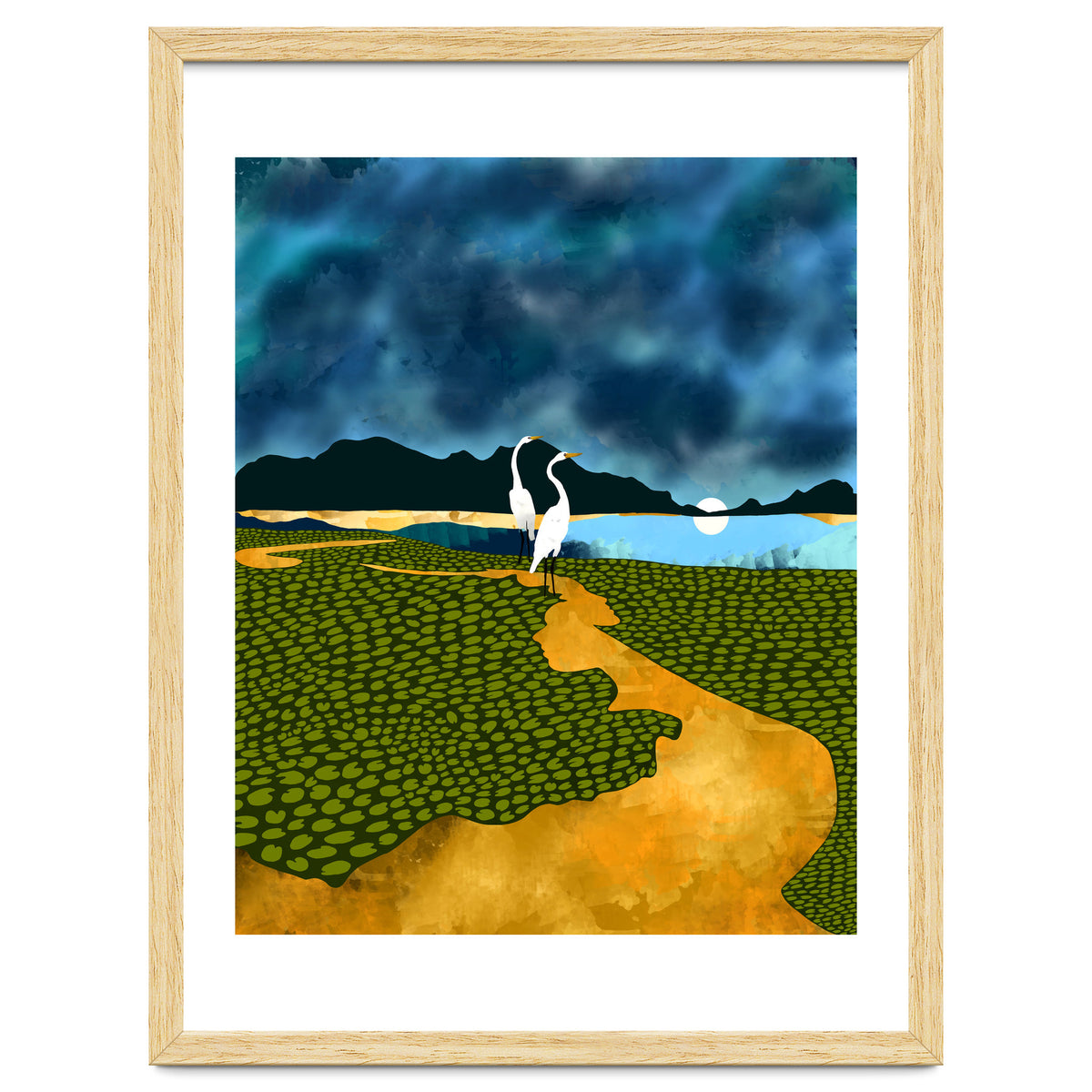 Great Egrets On Honeymoon Island, Heron Wildlife Painting Nature Landscape, Travel Dark Scenic Birds Love Animals Lake Bohemian