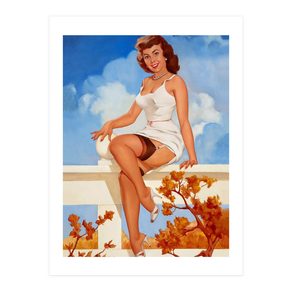 Beautiful Pinup Girl Posing On A Fence (Print Only)