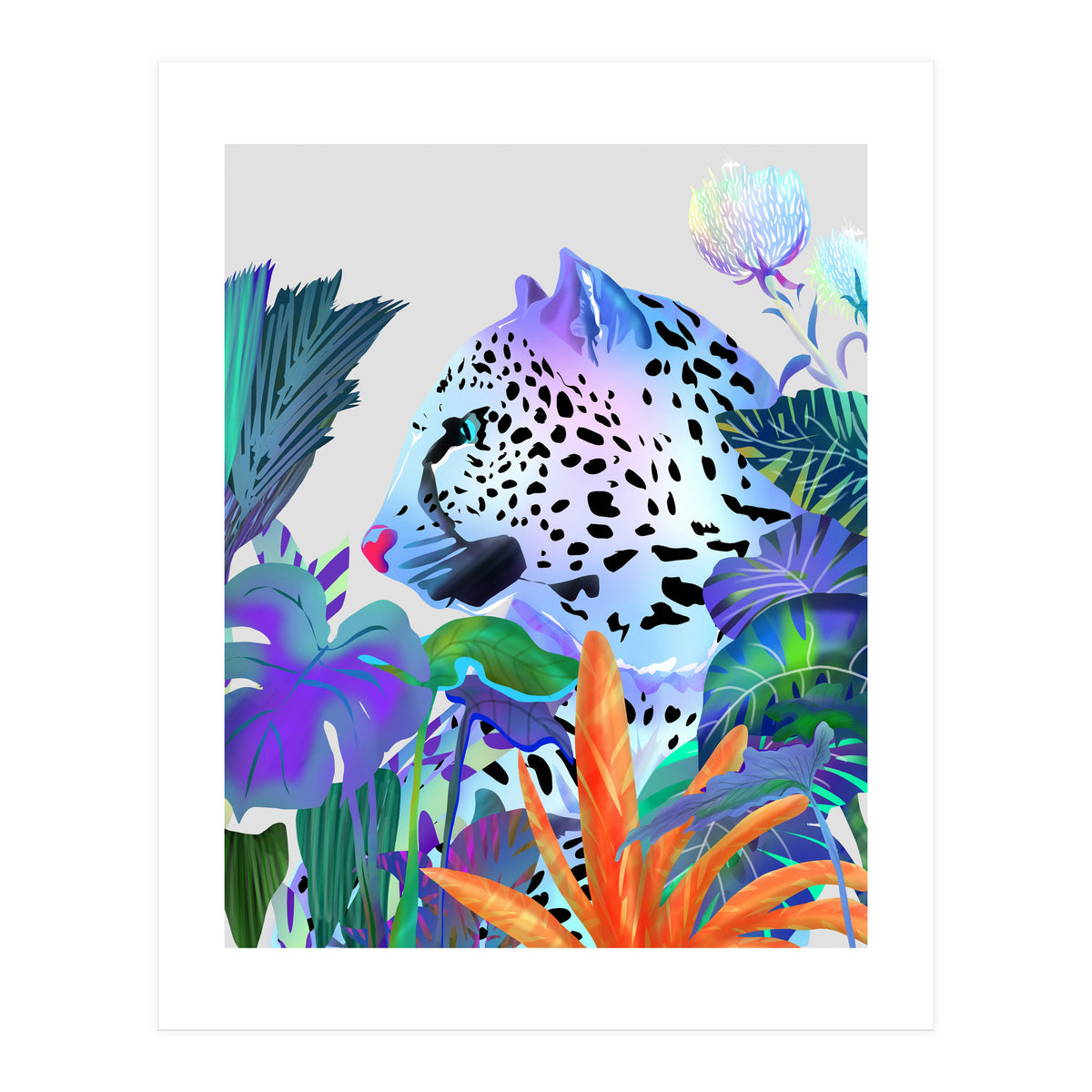 Holographic Leopard, Tropical Jungle Eclectic Nature, Colorful Botanical Wildlife, Boho Contemporary Animals, Tiger Cheetah Cat Maximalism (Print Only)