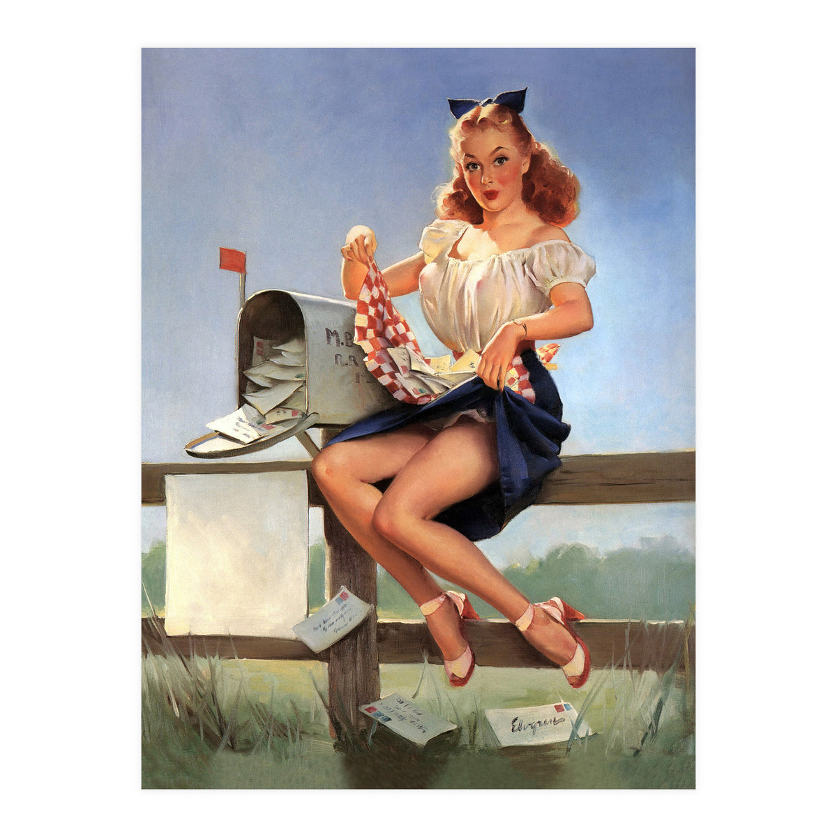 Countryside Pinup Girl Posing On A Fence With Love Letters And A Full Mailbox (Print Only)