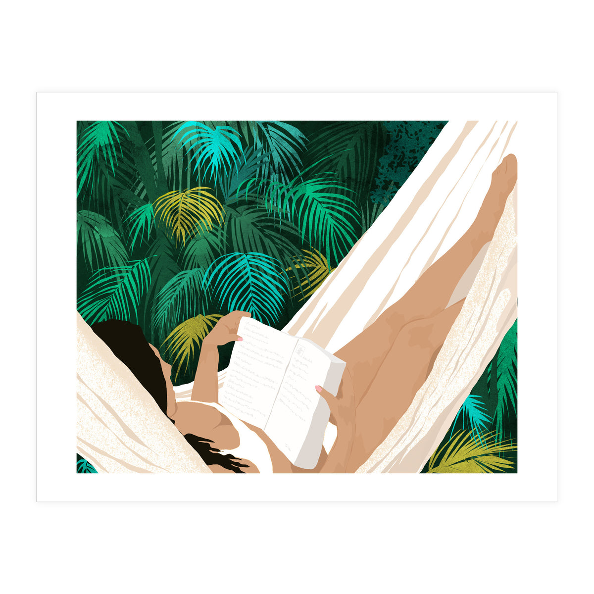 Summer Hammock Reading, Tropical Jungle Travel, Watercolor Nature Bohemian Forest Plants, Palm Beach (Print Only)