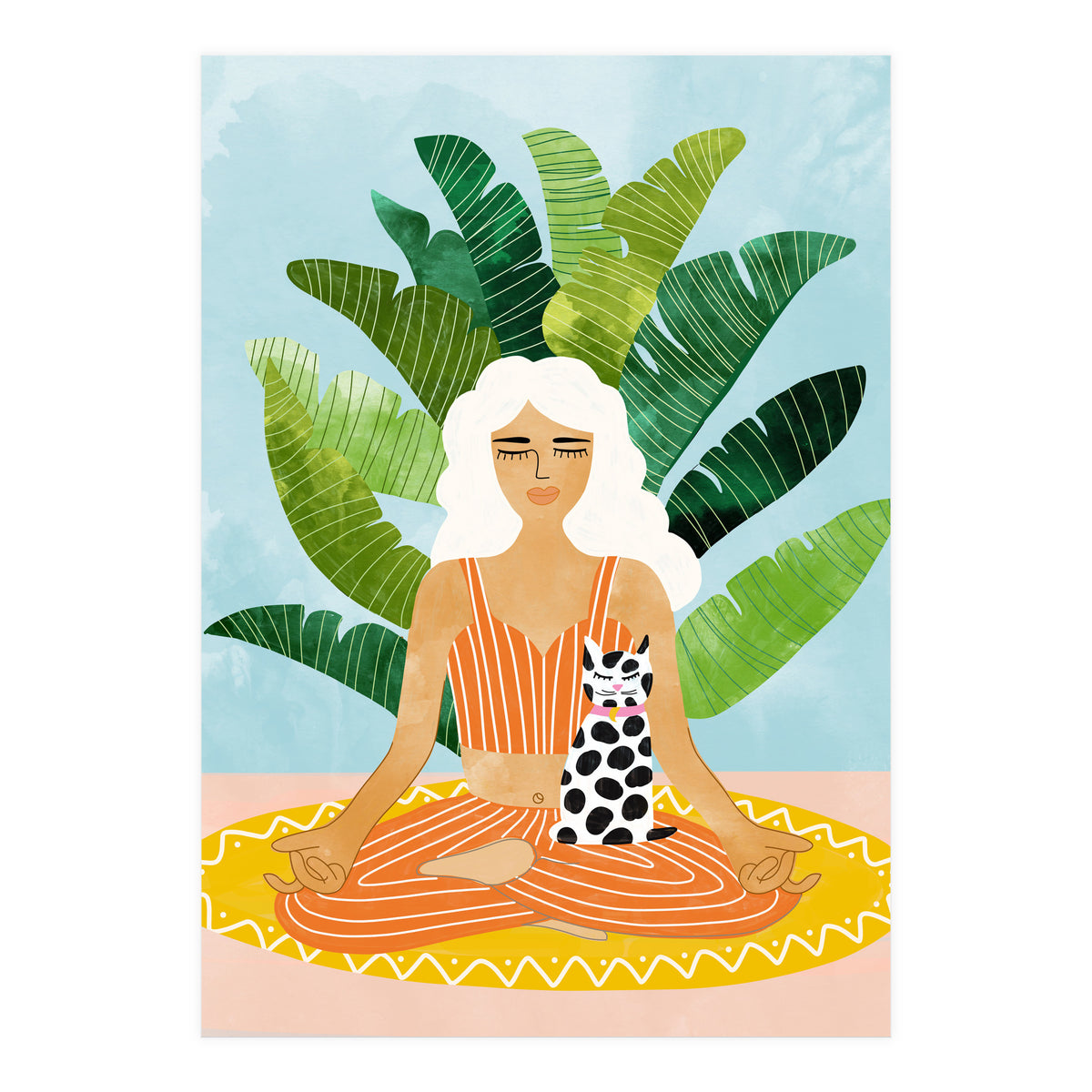 Meditation With Thy Cat Poster | Blonde Woman of Color | Tropical Banana Leaves Quirky Pet Workou (Print Only)