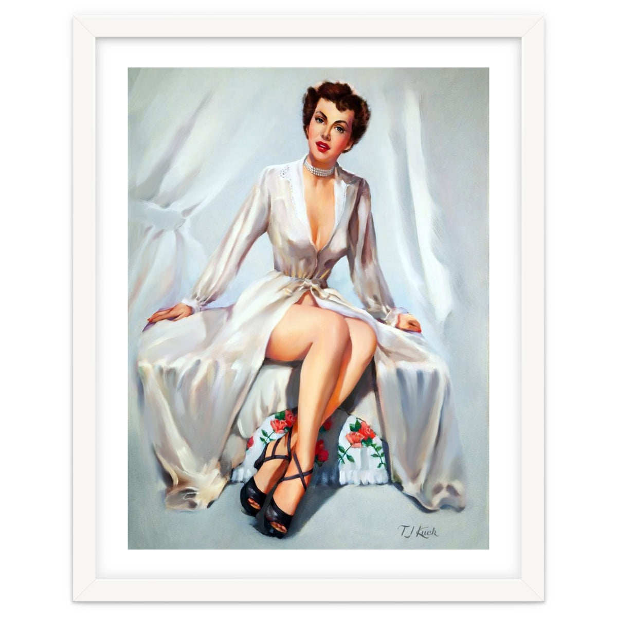 Beautiful Sexy Pinup In Posing Long White Dress