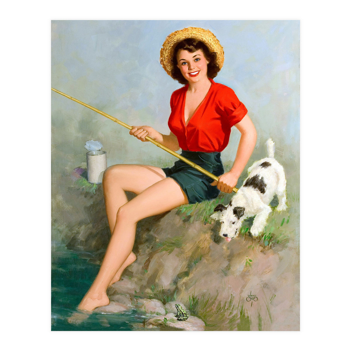 Pinup Girl Fishing With Her Dog (Print Only)
