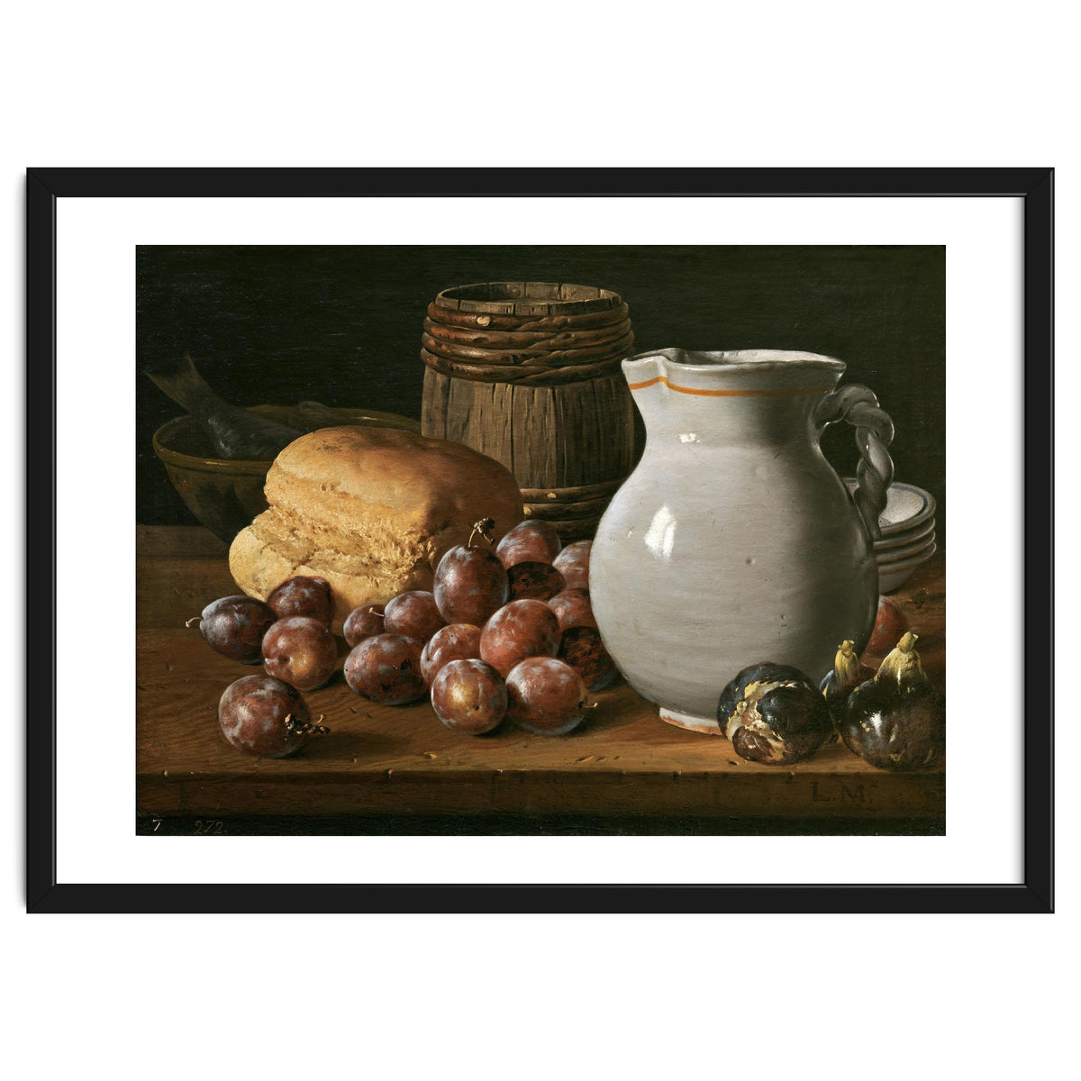 Luis Egidio Meléndez / 'Still Life with Plums, Figs, Bread and Fish', 18th century, Spanish School.
