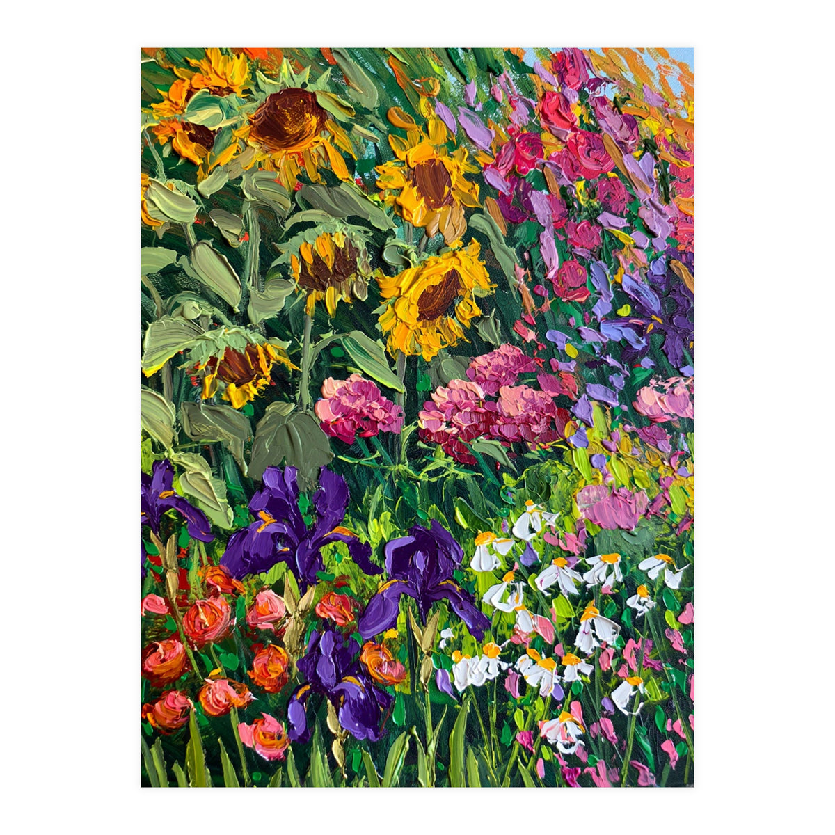 Vibrant Summer Sunflower and Iris Meadow Oil Painting (Print Only)