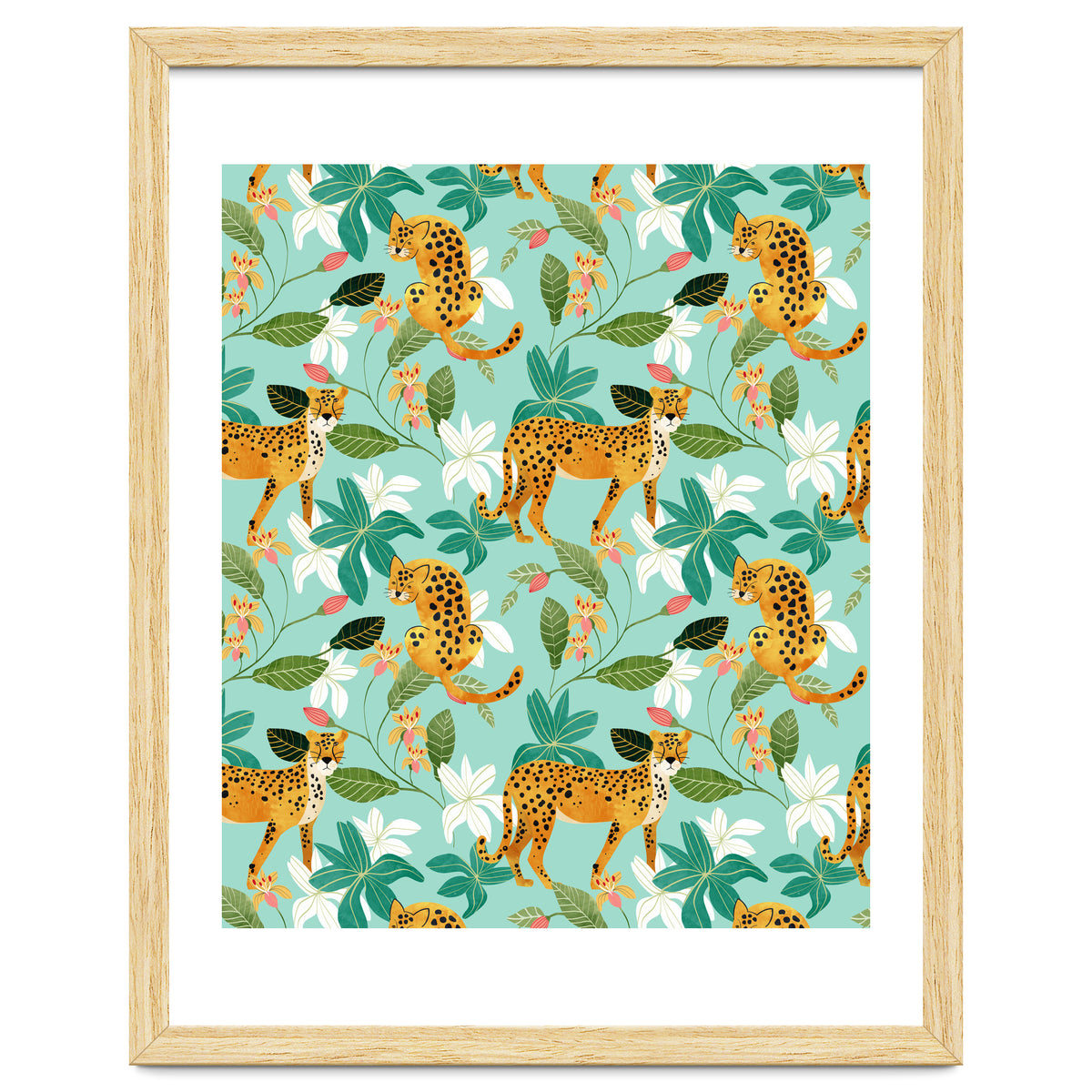 Cheetah Jungle, Wildlife Nature Wild Cats Tigers Leopard Botanical Animals Mint Quirky Illustration