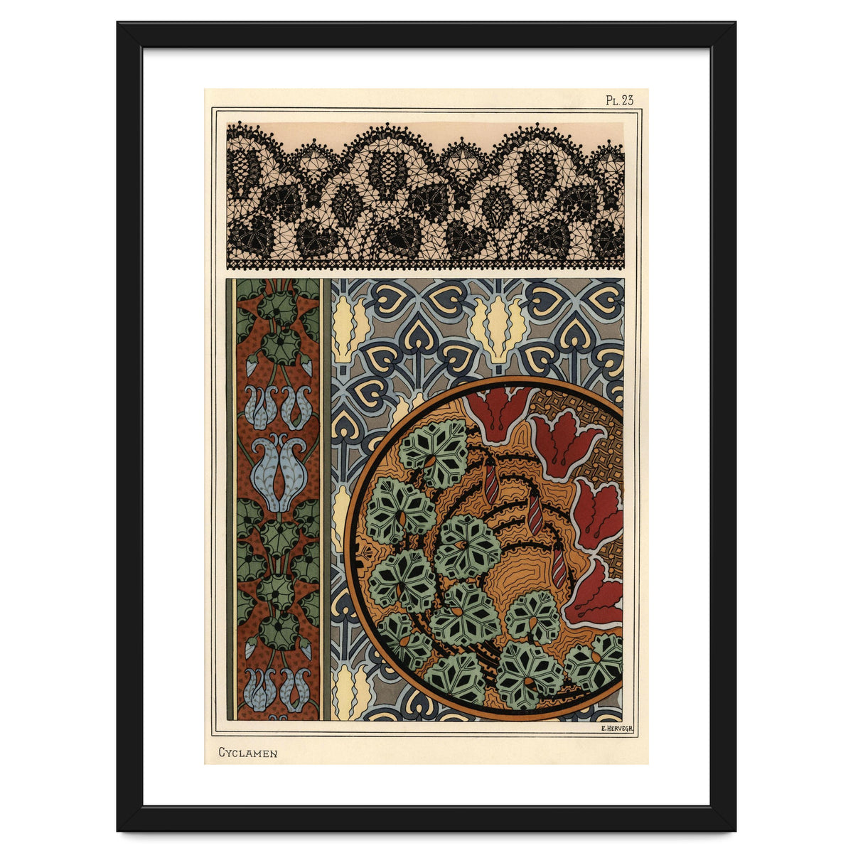 Cyclamen persicum motif in patterns for lace, wallpaper and fabric.