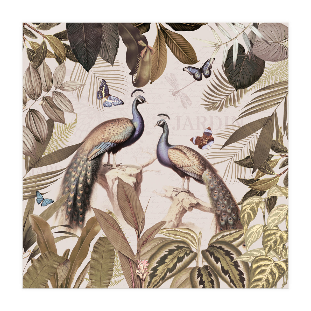 Vintage Sepia Exotic Peacocks Jungle (Print Only)