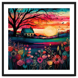 Watercolor Folk Art Sunset Landscape thumbnail