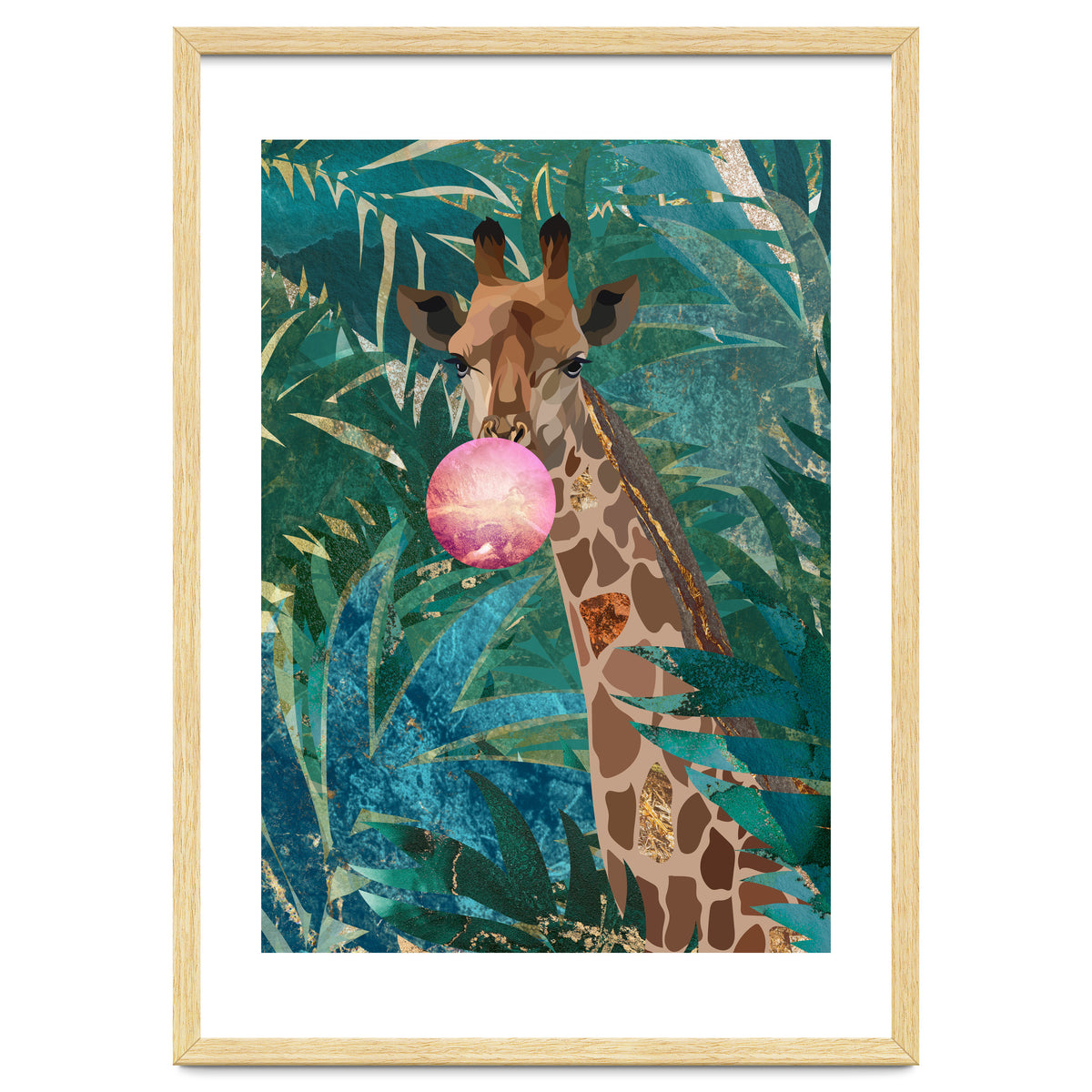 Giraffe blowing a bubble in the jungle
