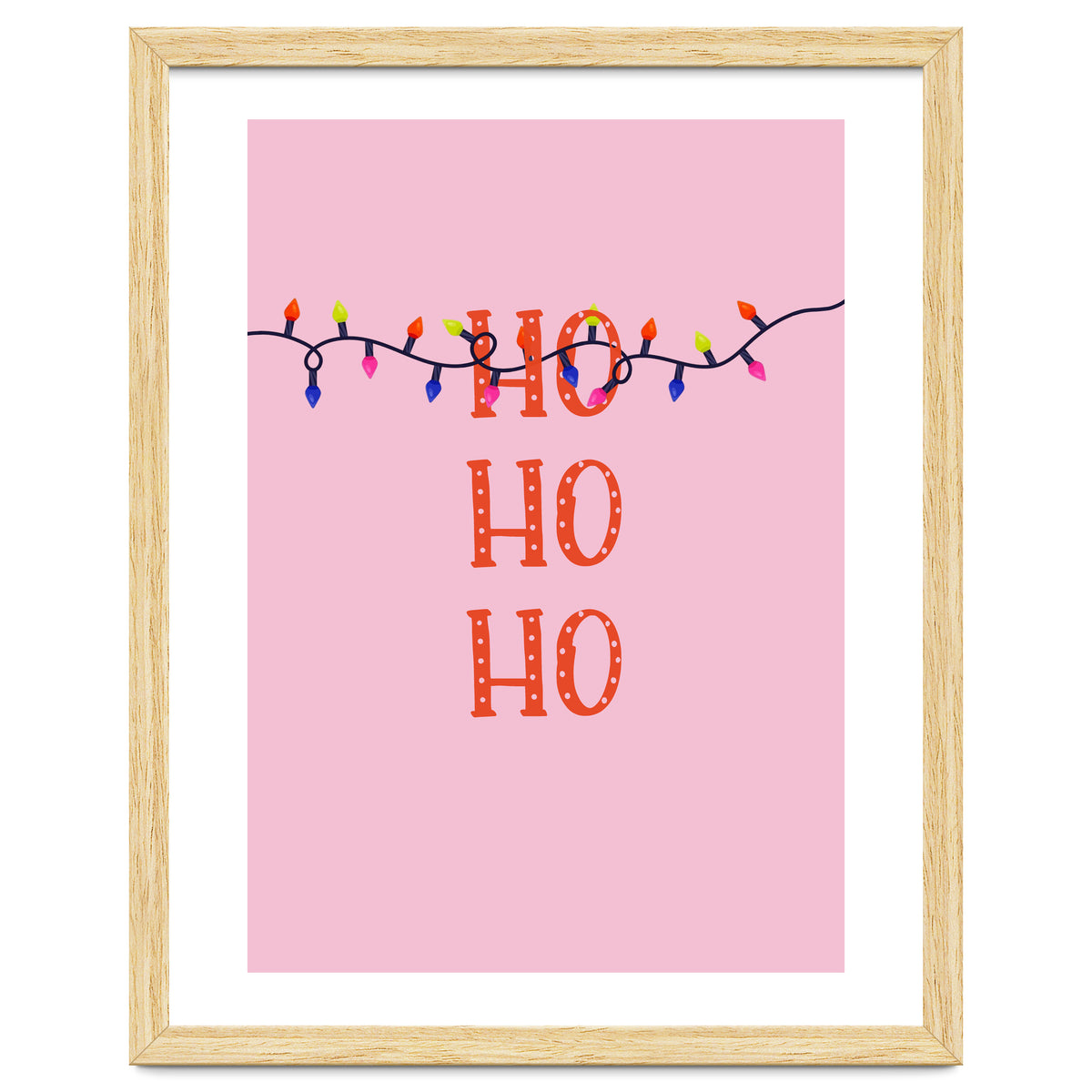 HO HO HO Christmas Lights Art, Pink Holiday Illustration, Modern Festive Quote