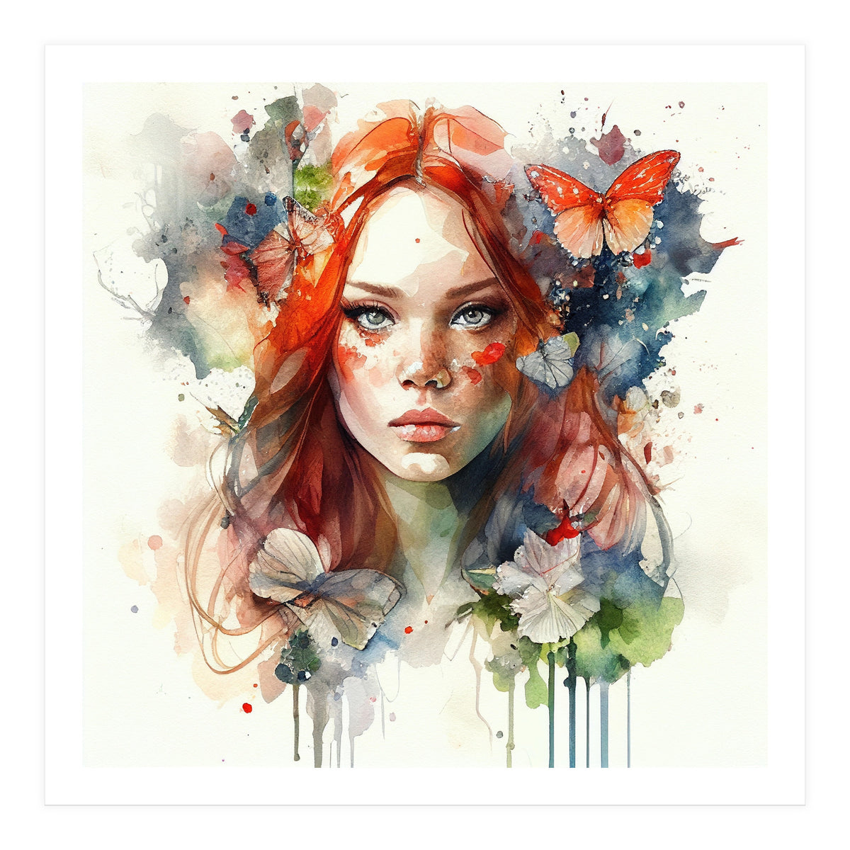 Watercolor Floral Red Hair Woman #7 (Print Only)
