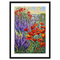 Vibrant Summer Poppy and Lavender Garden Oil Painting