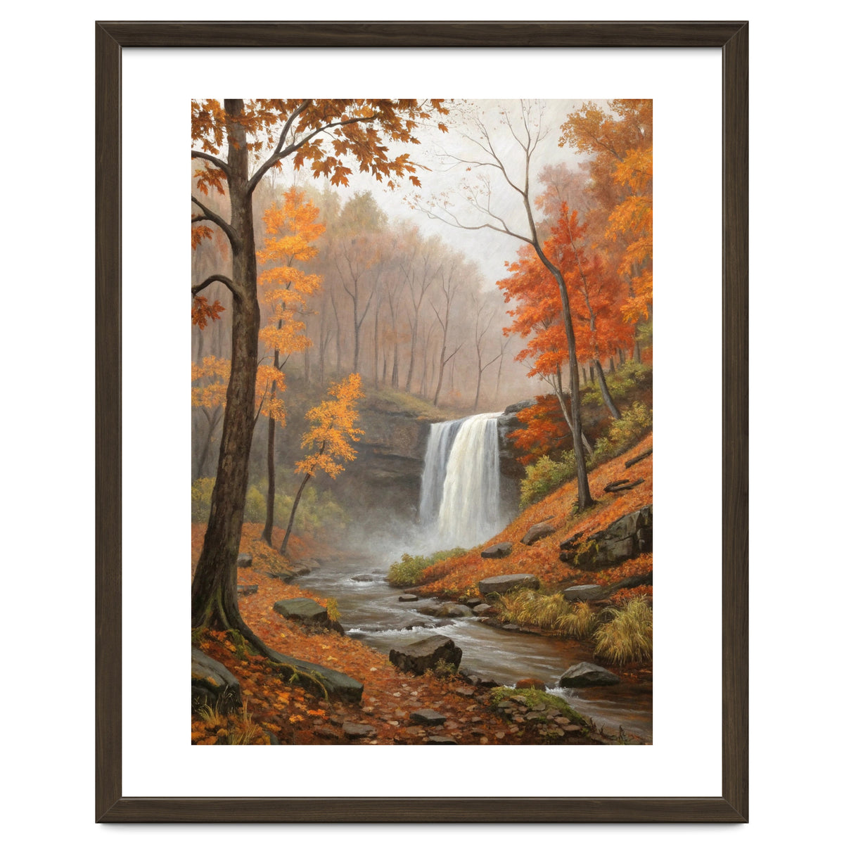 Serene Autumn Waterfall in Misty Forest