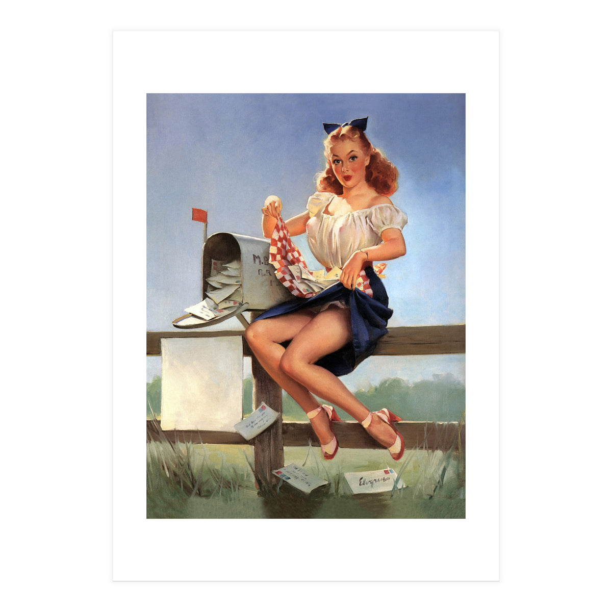 Countryside Pinup Girl Posing On A Fence With Love Letters And A Full Mailbox (Print Only)