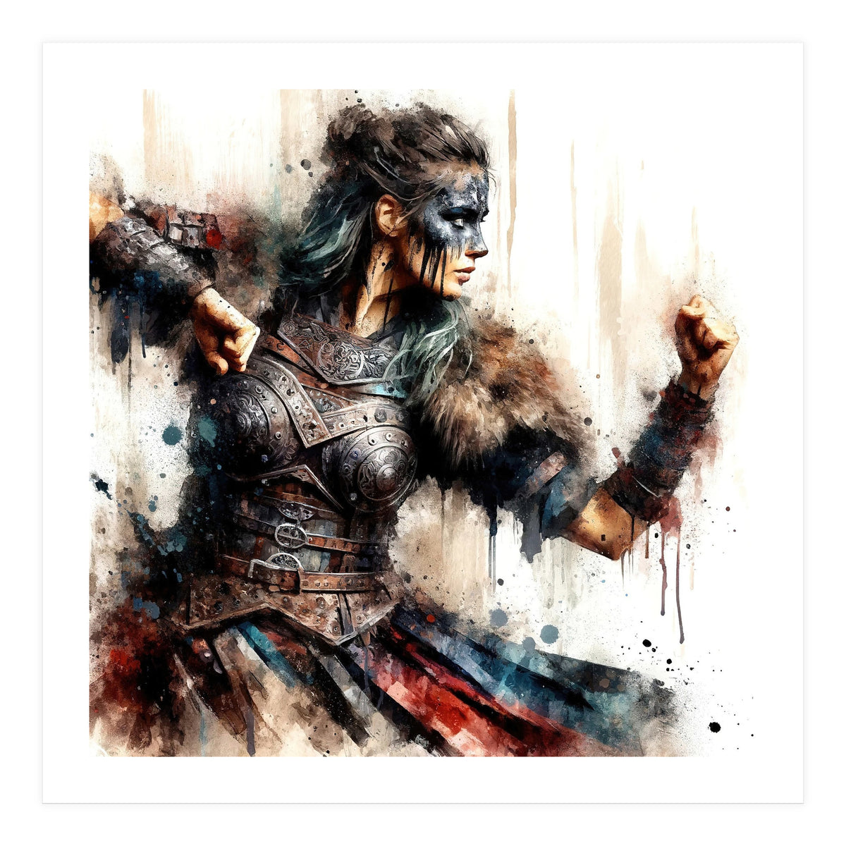 Viking Warrior Woman Watercolor Portrait (Print Only)