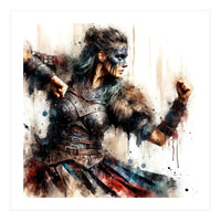 Viking Warrior Woman Watercolor Portrait (Print Only)