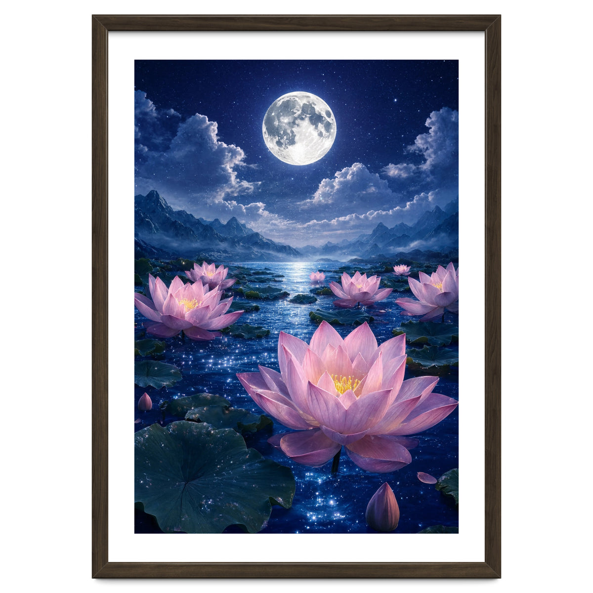 Moonlit Lotus Pond: Serene Nighttime Floral Landscape