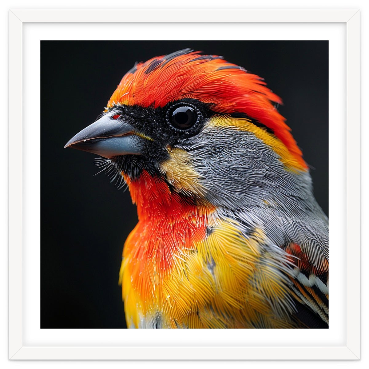 Close Up Of Colorful Bird With Red Orange Yellow Feathers