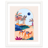 The Arabian Desert, Nature Landscape Travel Illustration, Camels Eclectic Sand Dunes Dubai Palm, Sahara Middle East Hot Summer Animals Bohemian thumbnail