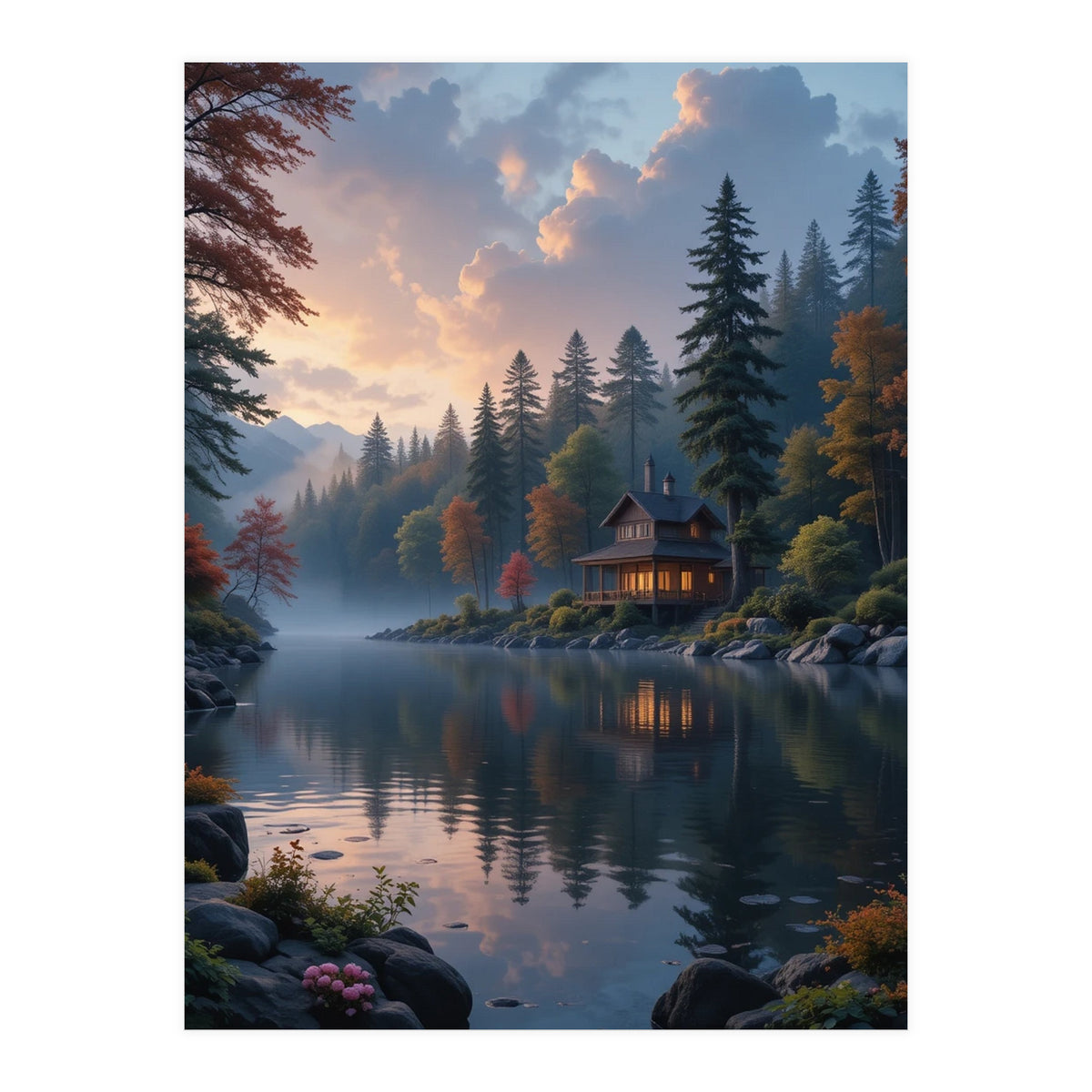 Serene Lakeside Retreat in Autumn Forest (Print Only)