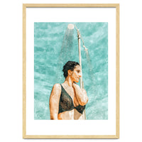 Bathe | Woman Pool Shower | Summer Swim Watercolor Painting | Brunette Bikini Boho Fashion