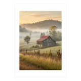 Rustic Red Roof Barn in Misty Morning Valley Landscape (Print Only) thumbnail