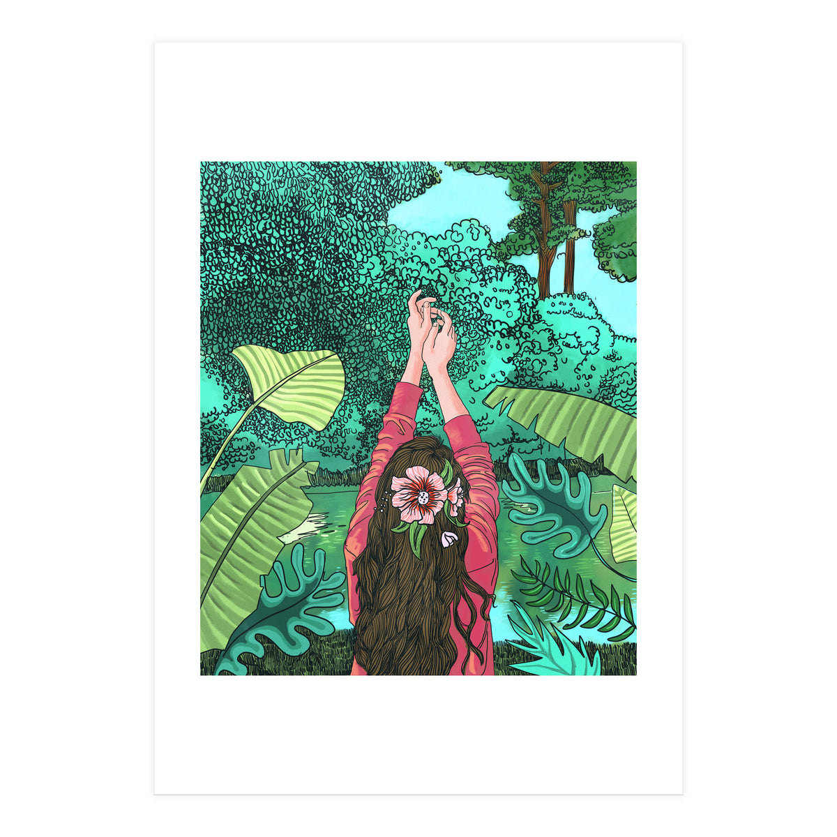 Comic Book Jungle | Tropical Banana Leaves Travel | Line Art Forest Botanical Illustration (Print Only)