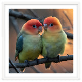 Two Lovebirds Perched On A Branch At Sunset thumbnail