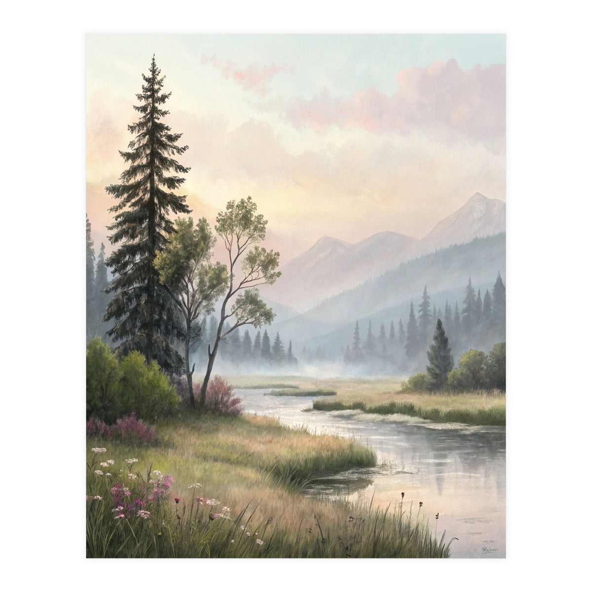 Dreamy Alpine Valley Landscape Painting (Print Only)