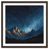 Starry Night Over Majestic Mountains Impasto Oil Painting Style
