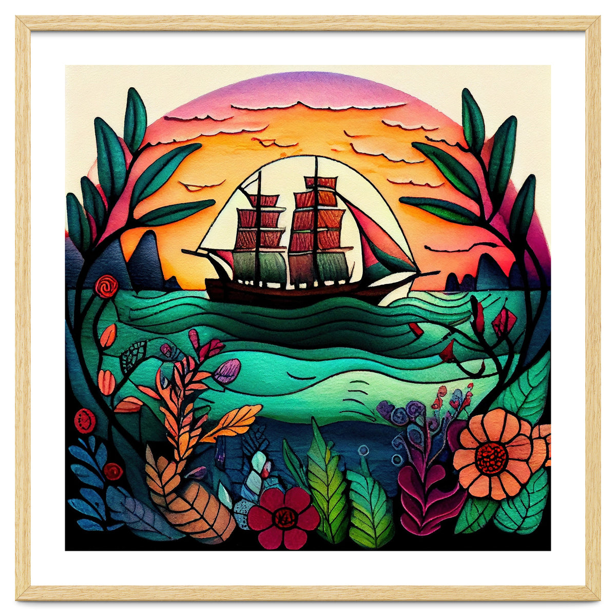 Folk Sunset Sailing Ship