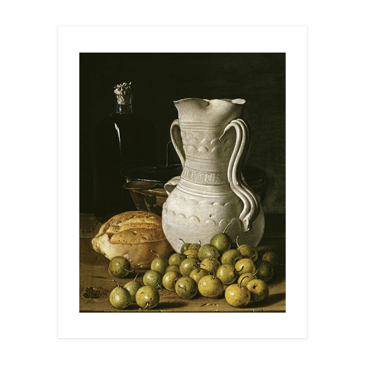 Luis Egidio Meléndez: 'Still Life with Small Pears, Bread, White Pitcher, Glass Bottle, and.., 1760. (Print Only)