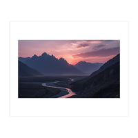 Crimson Sunset Valley: Serene Mountain Vista (Print Only)
