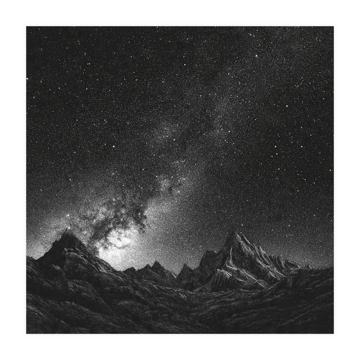 Starlit Mountain Majesty: Detailed Monochrome Milky Way (Print Only)